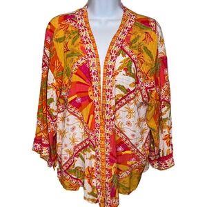 Haute Hippie Style Womens Kimono Jacket Sz M Tropical Palm Leaf Flowy Resort